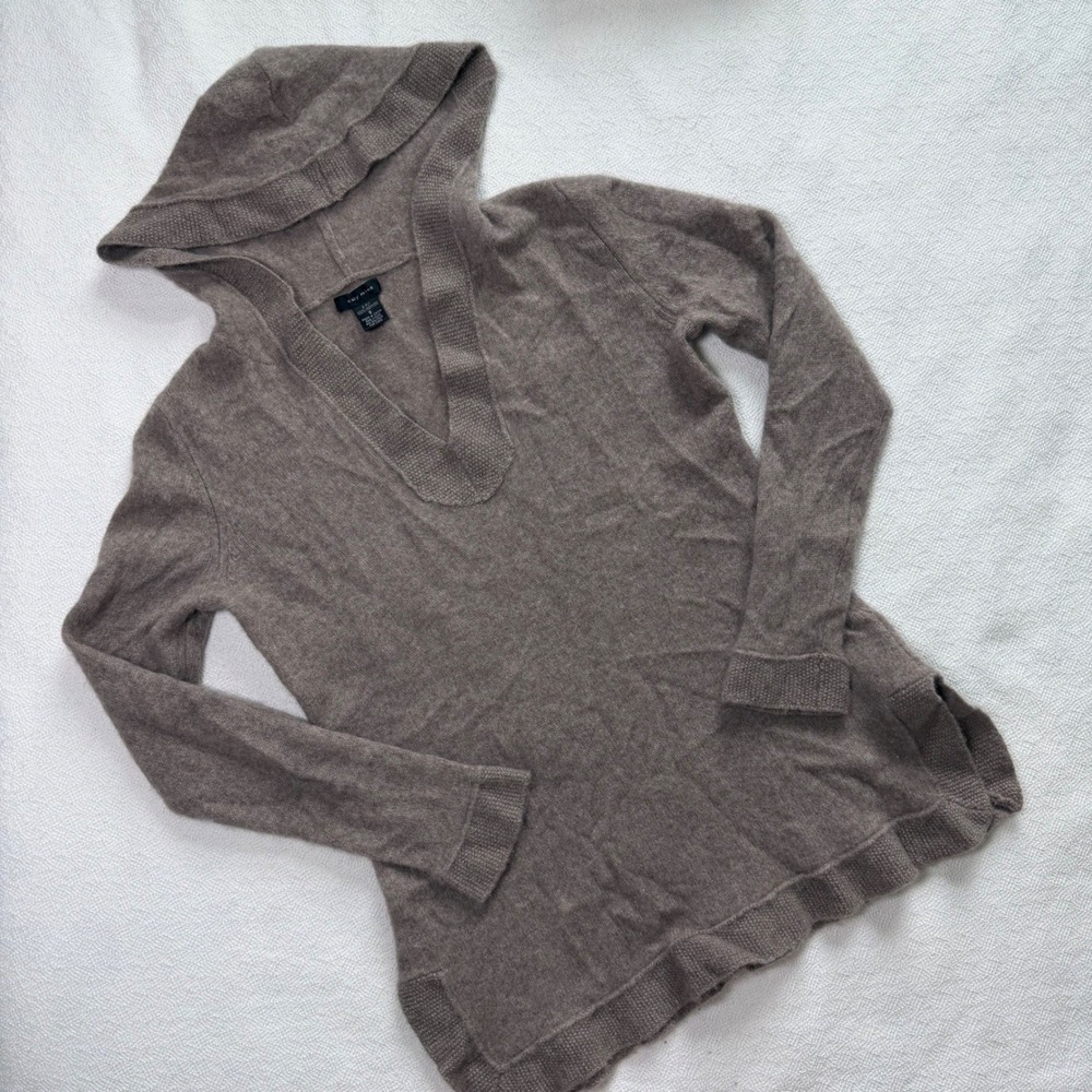Only Mine 100% Cashmere Hoodie Sweater Taupe V-Neck Petite Small Brown